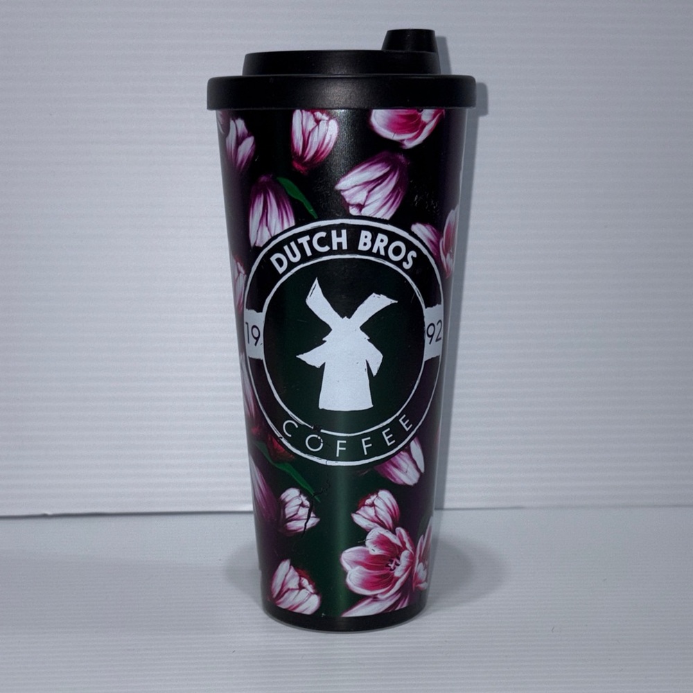 Dutch Bros Black and Pink Floral Tumbler